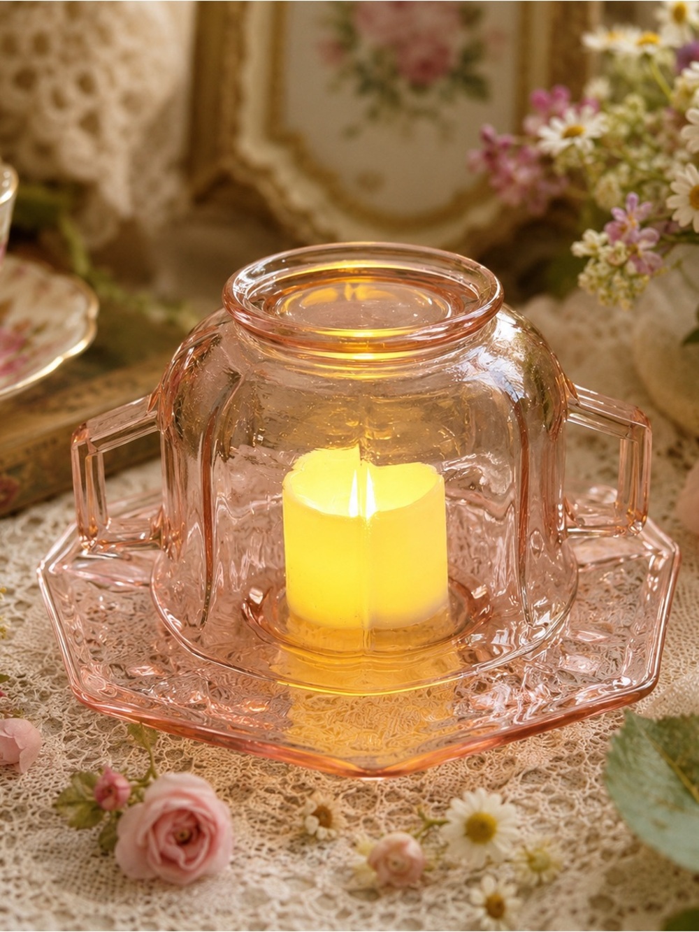 Imperial Pink Depression Glass Sugar Bowl Fairy Lamp | Vintage Art Deco